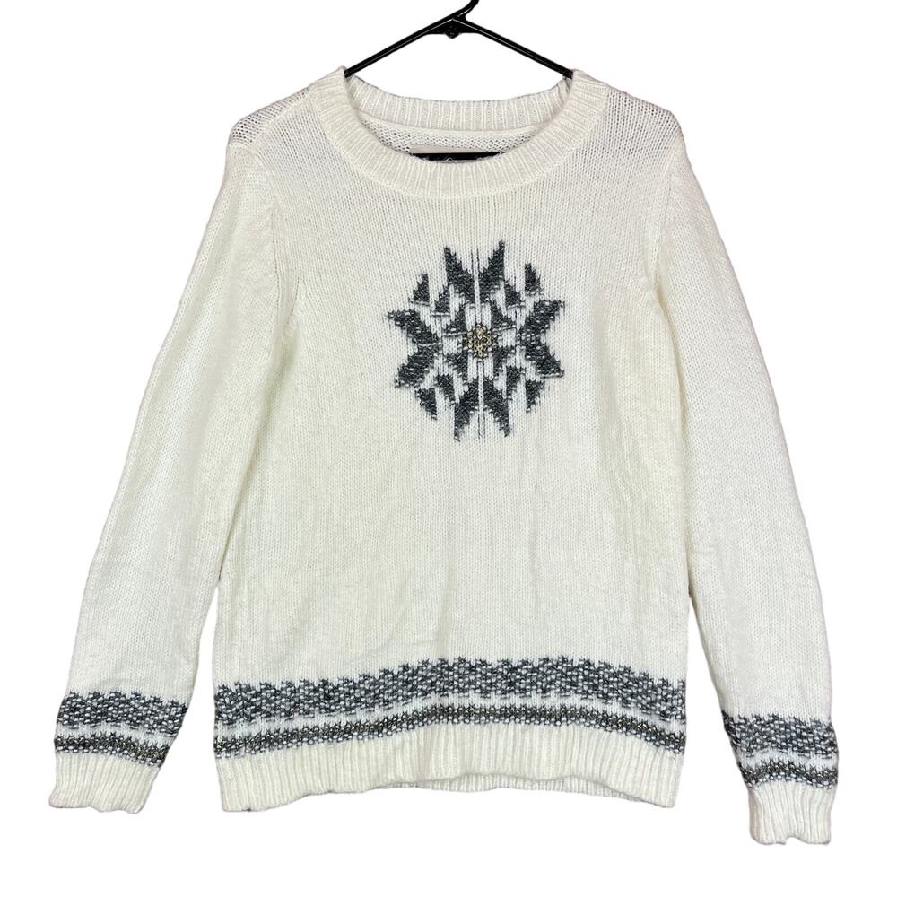 LOFT Womens Sweater Cream Gray Fair Isle Snowflake Crew Neck Wool Blend Medium